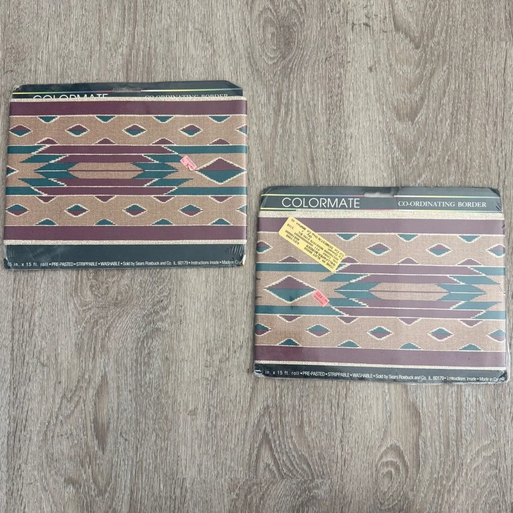 Vintage Colormate Southwestern Wallpaper Border 2 Rolls Teal Burgundy 30ft Total